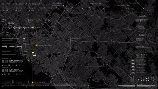 Futuristic HUD satellite view of traffic surveillance on a busy expressway junctions tracking and monitoring highway traffic for possible target vehicle