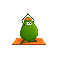 Green avocado cartoon character in band stretching on fitness yoga pilates mat, isolated mascot. Vector sportive emoticon doing exercises, sport activity workout of healthy vegetable veggie food