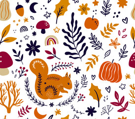 Autumn seamless pattern with pumpkins, leaves, animals and halloween symbols	