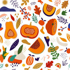 Autumn seamless pattern with pumpkins. Bright autumn design with pumpkins, leaves and abstract shapes.	