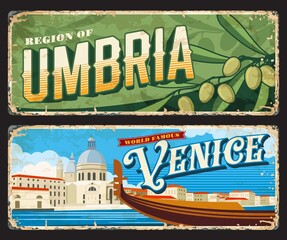 Venice and Umbria Italian provinces vintage plates and stickers, vector tin signs. Italy cities entry sings or car number plates with travel landmark symbols and tourism sightseeing