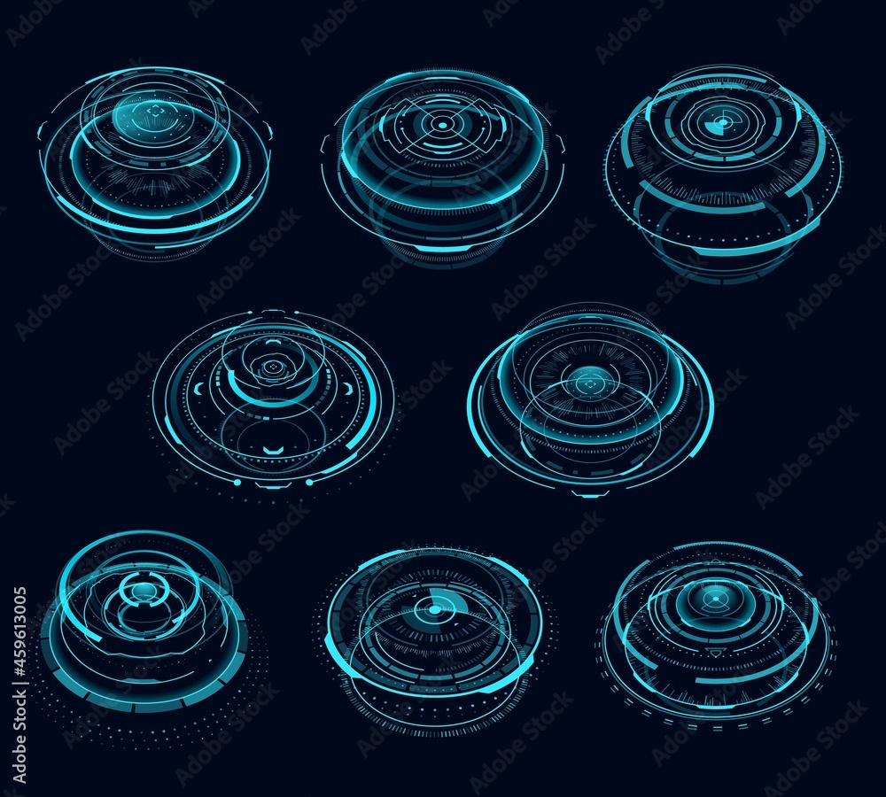 Fototapete HUD cyberpunk futuristic circular virtual portal, teleport hologram. HUD or cyber punk game vector portal circles or digital screen virtual time technology with laser beams