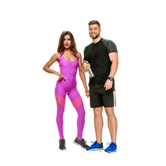 Full portrait of healthy athletic man and woman posing together, healthy lifestyle, the need for physical activity in the modern world