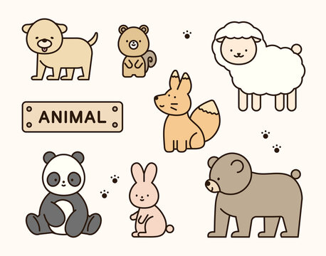 Collection of cute baby animals characters. outline simple vector illustration.