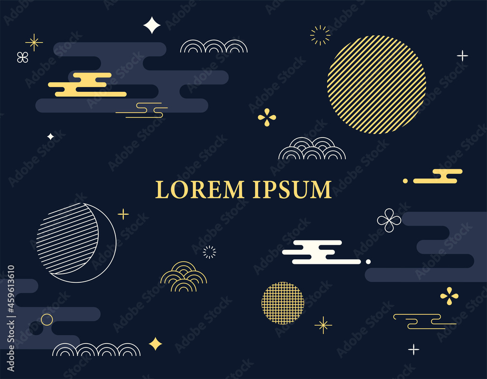 Poster a page designed with the traditional asian pattern of the moon and clouds in the night sky. simple p