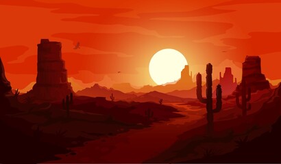 American desert landscape. Texas western mountains and cactuses, condor eagles and sunset background. Vector Wild West dry desert landscape with path go through rocks under red sky at dusk © Vector Tradition