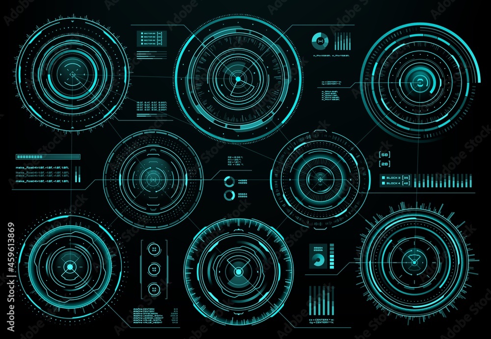 Leinwandbilder HUD futuristic circular interface screen panel, sci fi web interface and business infographic visual data, vector. HUD circular interface elements with digital graphs and chart diagrams on info screen