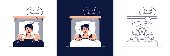 Nightmare disorder vector illustration set. Frightened man character has a bad dream, is scared of monster from a nightmare.Adult sleeping disorder concept collection for web, banner flat design © shlyapanama