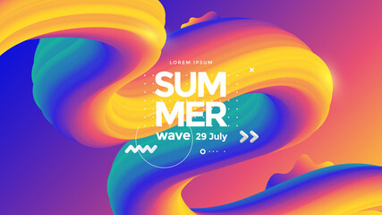 Summer wave festival poster. Abstract gradients background with 3d wavy shape. Colorful composition design for the cover, landing page. - obrazy, fototapety, plakaty