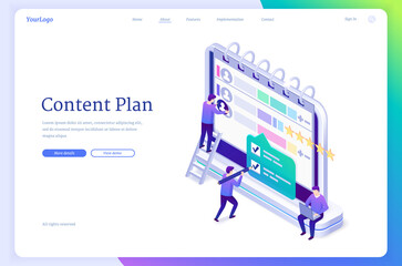 Content plan isometric landing page. Work organization in social media, publication management concept. Tiny people working around huge computer screen with calendar and profiles, 3d Vector web banner