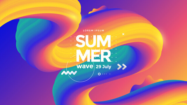 Summer wave festival poster. Abstract gradients background with 3d wavy shape. Colorful composition design for the cover, landing page.
