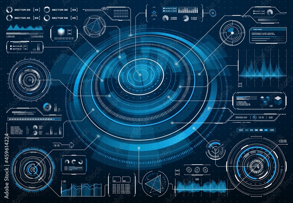 Leinwandbilder HUD futuristic screen interface or Sci Fi infographic with big data info chart. HUD vector screen interface with diagrams, flowcharts and graphs on dashboard panel, future technology digital UI