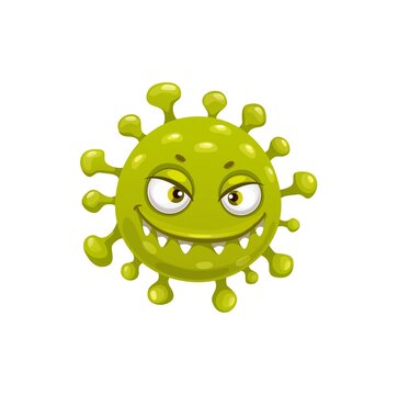 Cartoon Coronavirus Cell Vector Icon, Funny Covid19 Virus Or Bacteria Or Germ Character With Toothy Laughing Face. Smiling Angry Pathogen Microbe Monster With Big Eyes, Isolated Covid Cell