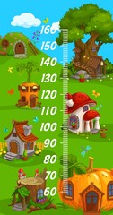 Kids height chart, gnome elf and wizard cartoon home dwellings, vector growth measure ruler. Kid baby meter scale with fairy tale house of oak, mushroom and stump, pumpkin and carrot