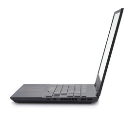 Side view of open laptop with blank screen