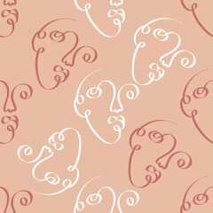 One line drawing abstract face seamless pattern. Modern contemporary aesthetic print, minimalism art, contour line art. Continuous with people faces. Vector design for print, decor, poster, pattern