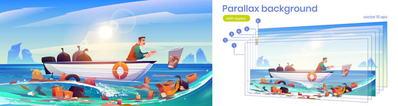 Parallax Background Ocean Polluted Water Cleanup, Man On Wooden Boat Cleaning Sea Surface Catching Plastic Garbage With Skip. Eco Pollution Problem 2d Animation With Layers Cartoon Vector Illustration