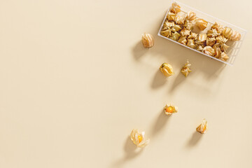 Collection of physalis berries or golden berry in plastic package on beige Physalis fruit food ingredient