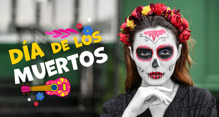 Young woman with painted skull on her face outdoors. Celebration of Mexico's Day of the Dead (El...
