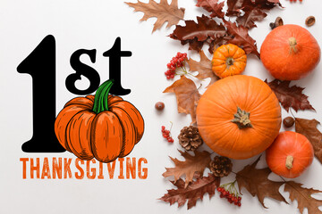 Beautiful autumn composition with pumpkins on white background. First Thanksgiving Day celebration