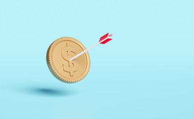 dollar coins money target with darts or arrow isolated on blue pastel background.business goal concept,3d illustration or 3d render