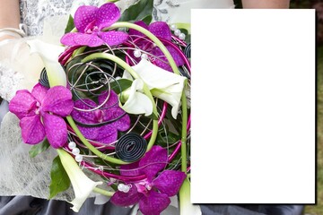mock-up with bride bouquet flower in flat lay top view for wedding invitation background mock up