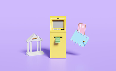 withdrawal cash with yellow atm machine transaction,check mark,credit card,wallet,bank or tax office building isolated on purple background.3d illustration,3d render