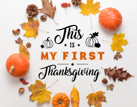 Beautiful autumn composition with pumpkins on white background. First Thanksgiving Day celebration