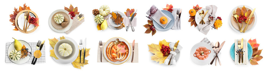 Collection of beautiful table settings for Thanksgiving Day celebration on white background