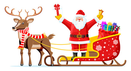 Santa claus on sleigh full of gifts and reindeer.