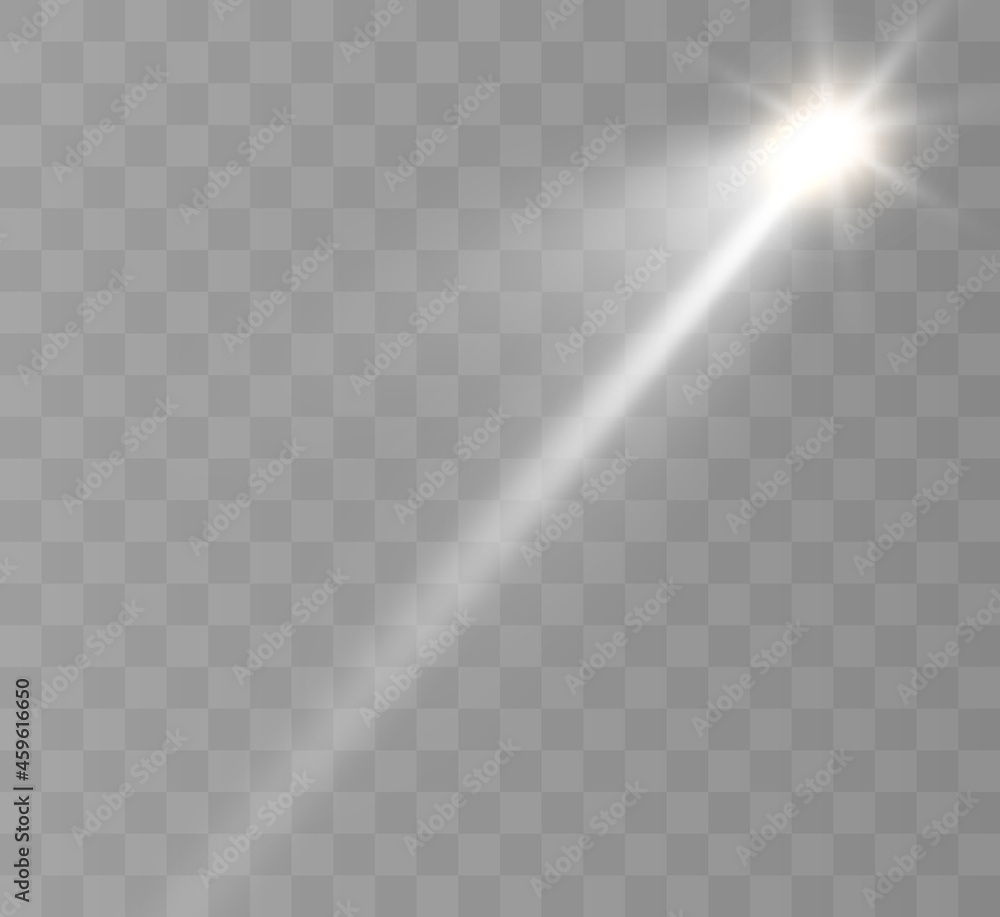 Poster Spotlights set isolated on transparent background. Vector glowing light effect with golden rays and lens flares.	