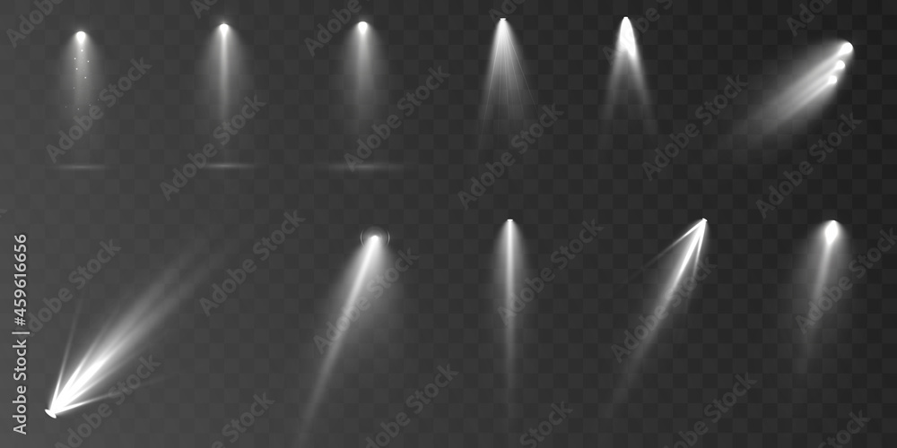 Poster Spotlights set isolated on transparent background. Vector glowing light effect with golden rays and lens flares.	