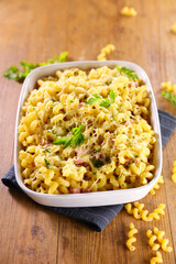 baked pasta with cream,  cheese and bacon