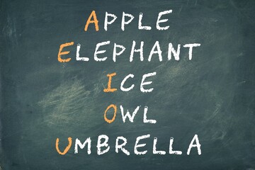 Apple elephant ice owl umbrella words on blackboard background. AEIOU vowels learning, grammar...