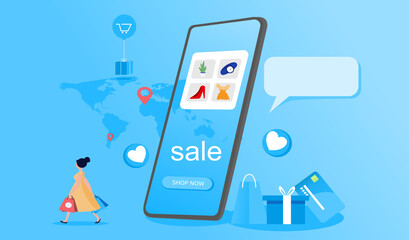 gps navigator and map.online shopping.object have credit card, gift,shop,lady,map,messages,heart.vector .