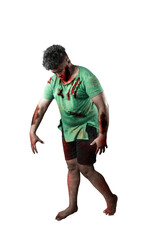 Scary zombie with blood and wound on his body standing