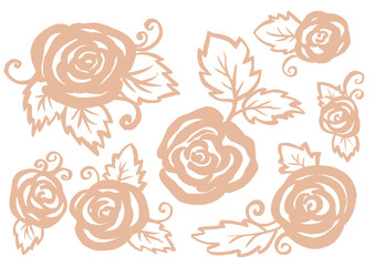 Watercolor artistic multicolor Set of floral Rose elements in the style of line art wedding theme on a white background. Doodle and scribble. Beige Roses and leafs for postcard and scrapbooking paper