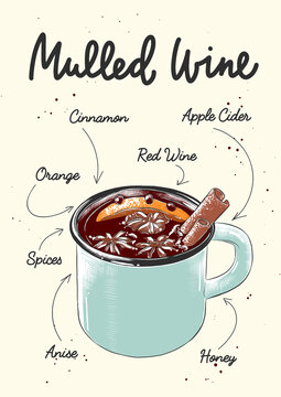 Vector engraved style Mulled Wine, alcoholic cocktail illustration for posters, decoration and print. Hand drawn sketch with lettering and recipe, beverage ingredients. Detailed colorful drawing.