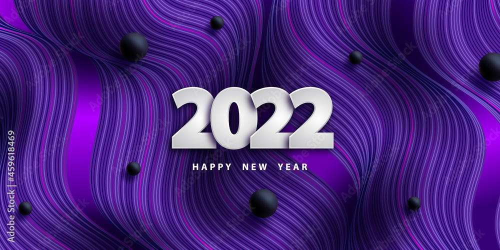 Wall mural Happy new year 2022. Festive wavy background with 3D numbers. Violet backdrop. Poster with flow lines and pearls. Holiday banner. Vector illustration. Design flyer, wallpaper. Stock.