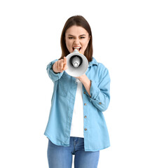 Protesting woman with megaphone on white background