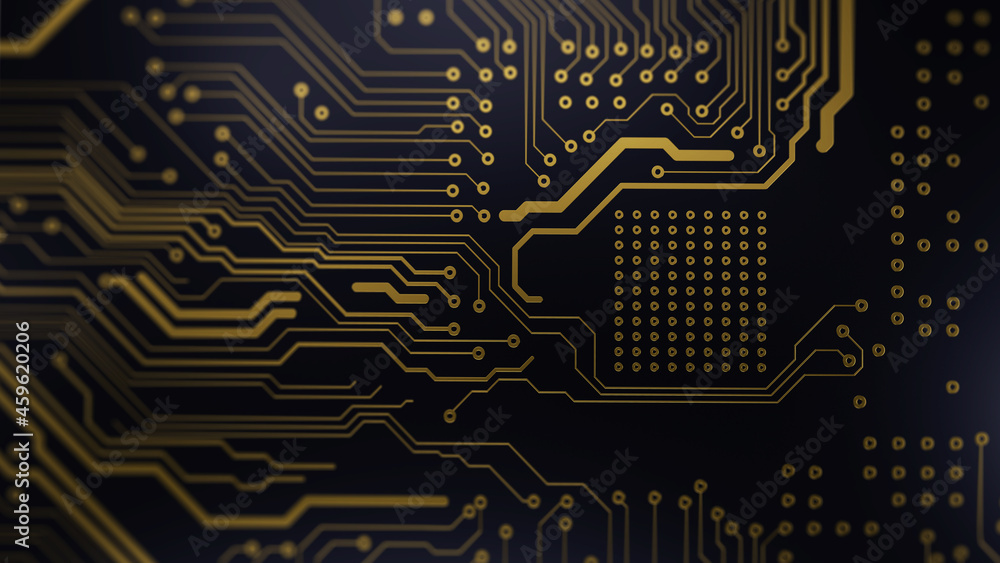 Poster Printed circuit board futuristic server/Background image, golden tracks of the electronic board on a blue background. The image can be used as background for the desktop of the monitor