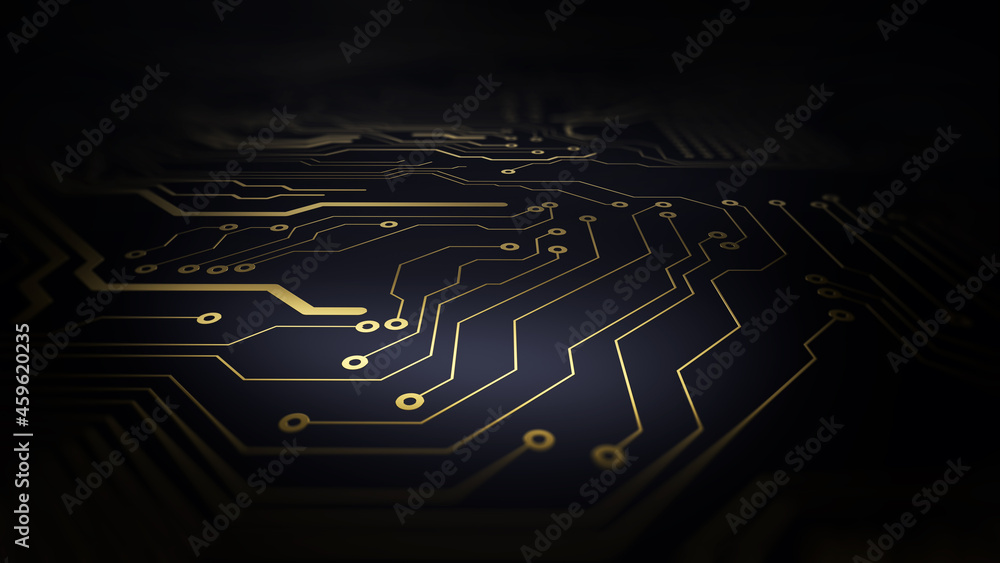 Poster Printed circuit board futuristic server/Background image, golden tracks of the electronic board on a blue background. The image can be used as background for the desktop of the monitor