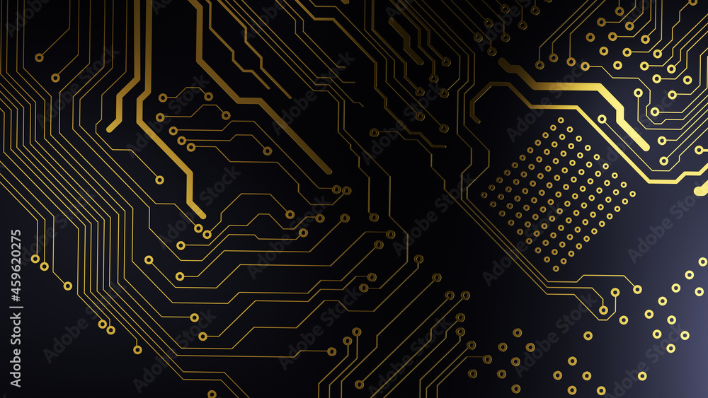 Poster Printed circuit board futuristic server/Background image, golden tracks of the electronic board on a blue background. The image can be used as background for the desktop of the monitor