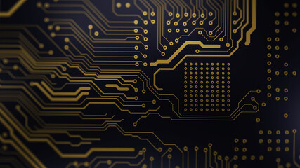 Printed circuit board futuristic server/Background image, golden tracks of the electronic board on...