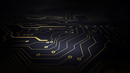 Printed circuit board futuristic server/Background image, golden tracks of the electronic board on a blue background. The image can be used as background for the desktop of the monitor