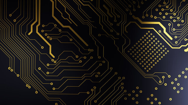 Printed circuit board futuristic server/Background image, golden tracks of the electronic board on a blue background. The image can be used as background for the desktop of the monitor
