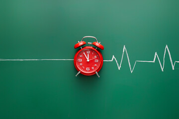 Red alarm clock with drawn cardiogram on green background
