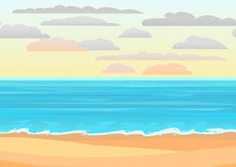 Fototapeta na wymiar Seascape. Skyline of the blue sea. Coastal surf waves. Calm weather. Illustration in cartoon style. Vector.