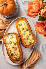 Baked Butternut Squash Pumpkin Stuffed with Spinach and Ricotta Cheese