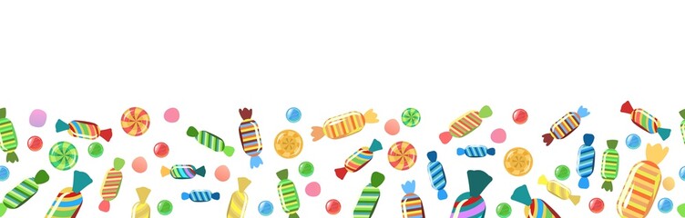 Sweets and scattered. Assorted lollipop dessert interspersed. Candy caramel wrapped. Bottom seamless border. Flat Background illustration. Vector